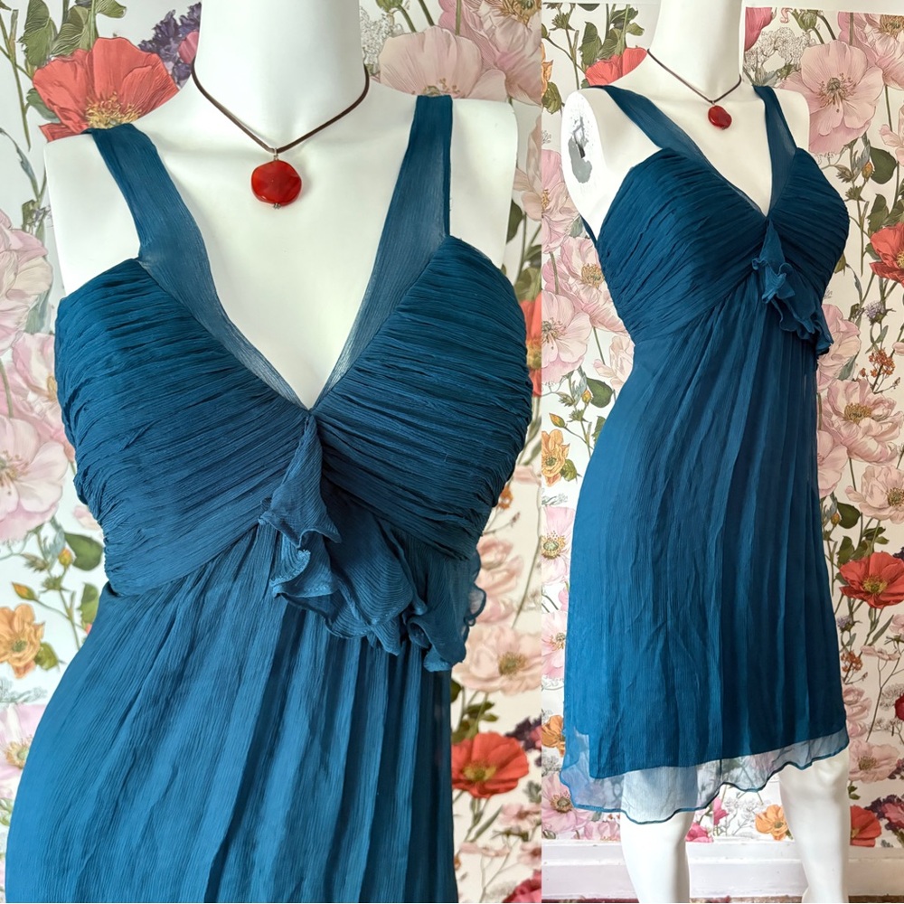 Amsale Teal Silk V-Neck Cocktail Dress